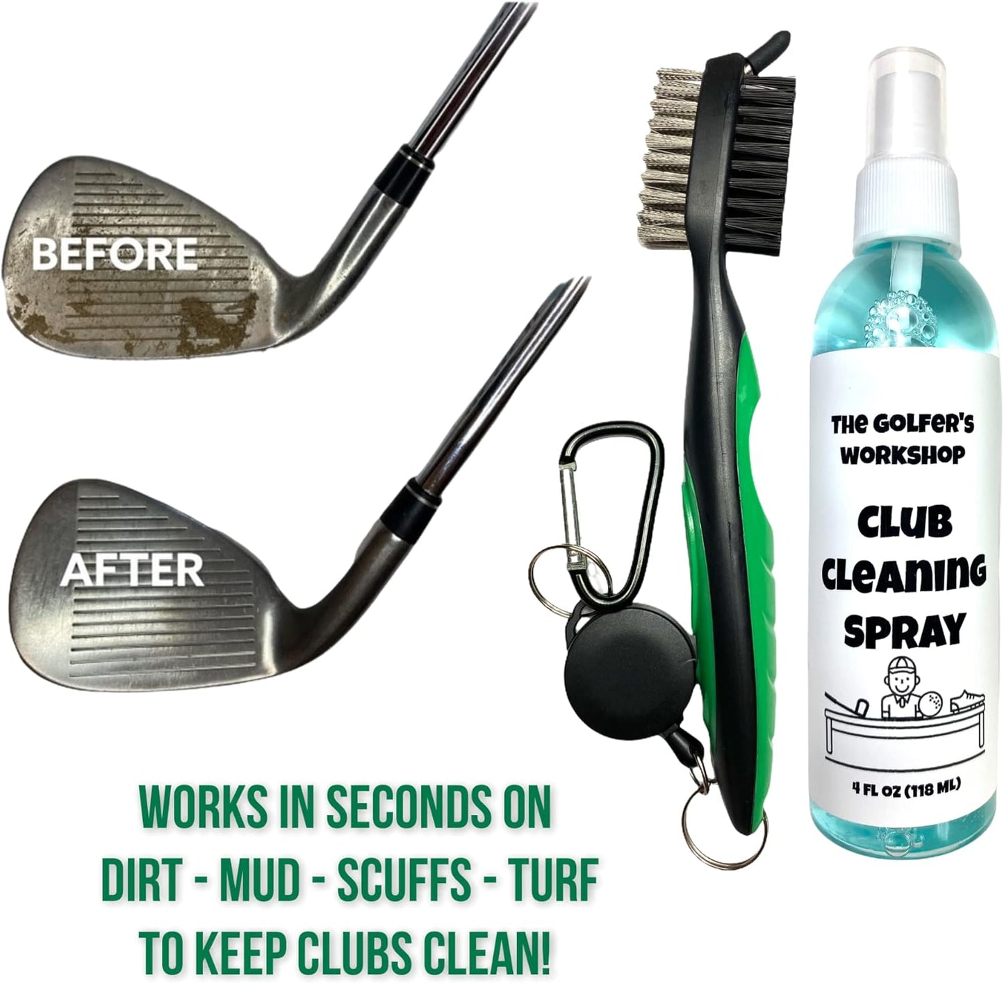 4Oz Club Cleaning Spray and Golf Club Brush with Groove Cleaner, 2Ft Retractable Zip-Line, Carabiner Clip