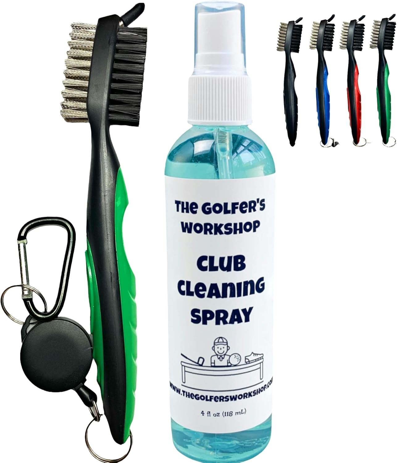 4Oz Club Cleaning Spray and Golf Club Brush with Groove Cleaner, 2Ft Retractable Zip-Line, Carabiner Clip