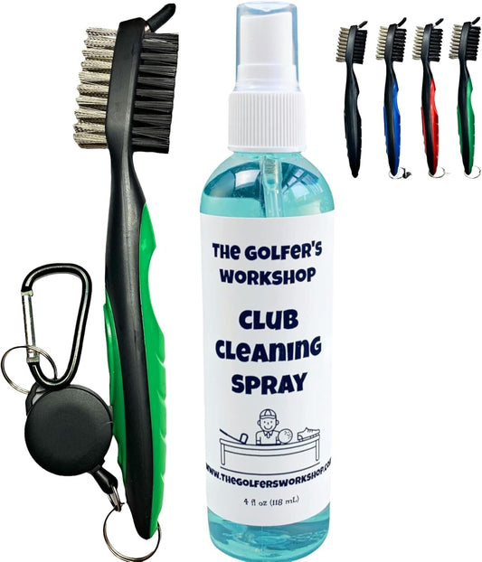 4Oz Club Cleaning Spray and Golf Club Brush with Groove Cleaner, 2Ft Retractable Zip-Line, Carabiner Clip