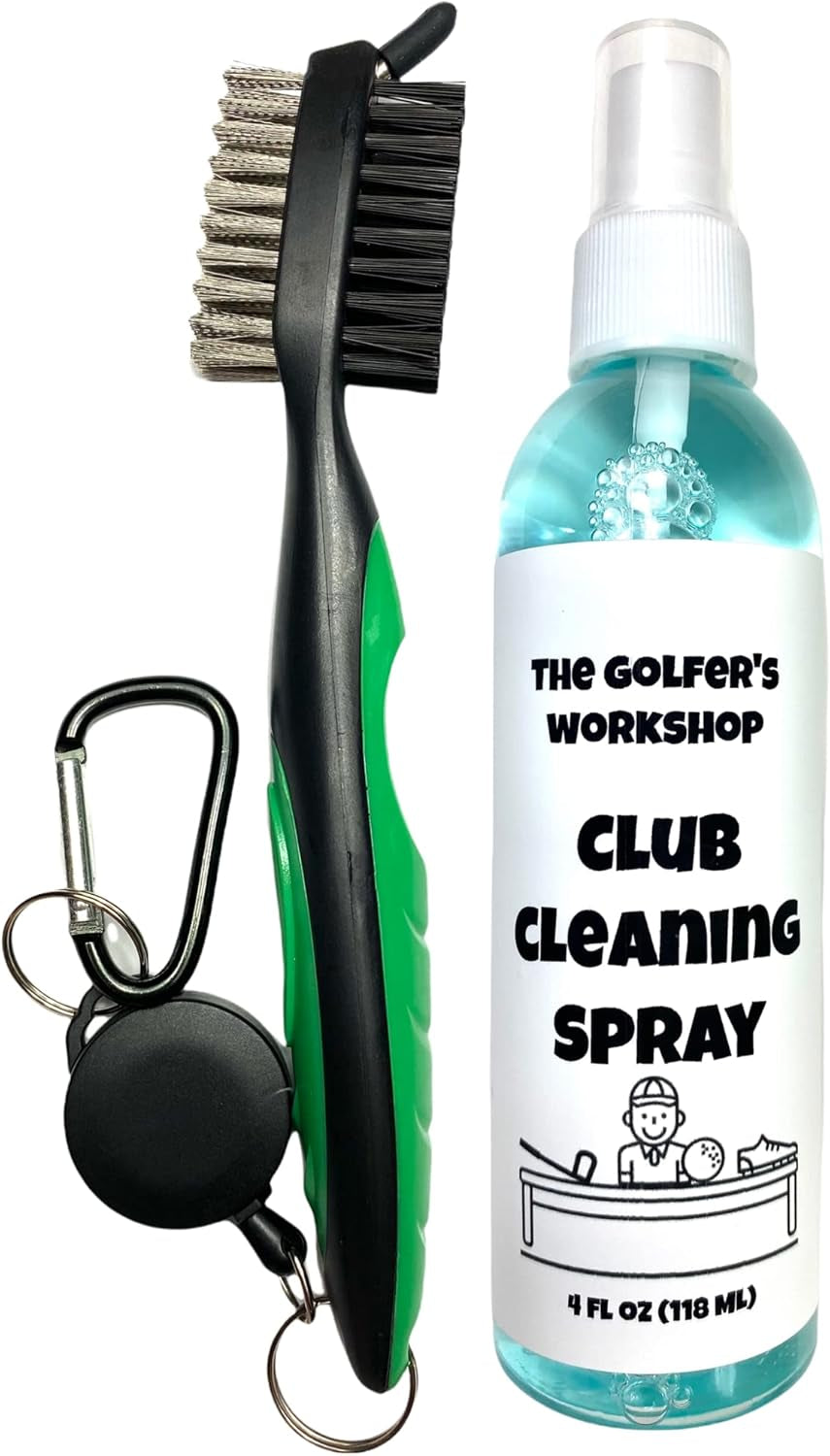 4Oz Club Cleaning Spray and Golf Club Brush with Groove Cleaner, 2Ft Retractable Zip-Line, Carabiner Clip